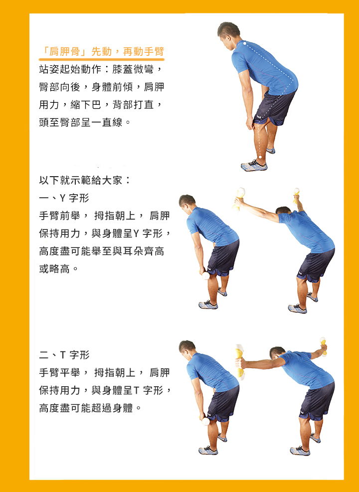 YTWL四字運動-「肩胛骨」先動,再動手臂 站姿起始動作:膝蓋微彎, 臀部向後,身體前傾,肩胛 用力,縮下巴,背部打直, 頭至臀部呈一直線。 的狀況,此時反而需要鍛鍊肩部後側的肌肉了。就是因為肩胛穩定非常重要, 無論是對職業選手還是普通人來說,肩部的穩定都是你上肢力量的基石。而 所謂「YTWL」運動,就是針對肩胛穩定性的經典方法。 二、T 字形 手臂平舉, 拇指朝上, 肩胛 保持用力,與身體呈T 字形, 高度盡可能超過身體。