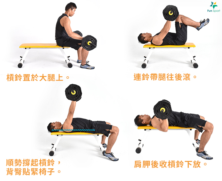 1. 雙手比肩略寬握住槓鈴,手腕打直,位於胸骨上方。 2. 肩胛骨後收,吸氣,槓鈴下放,上臂和身體呈45 度。 3. 吐氣,將槓鈴推起,過程中臀部不得抬離平面。 4. 反覆執行12 下,4 組。