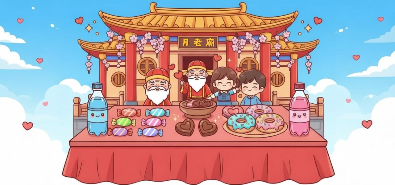 台南月老廟推薦攻略插圖：Q版月老爺爺與豐富甜點供品（糖果、巧克力、甜甜圈），背景為台南傳統廟宇建築